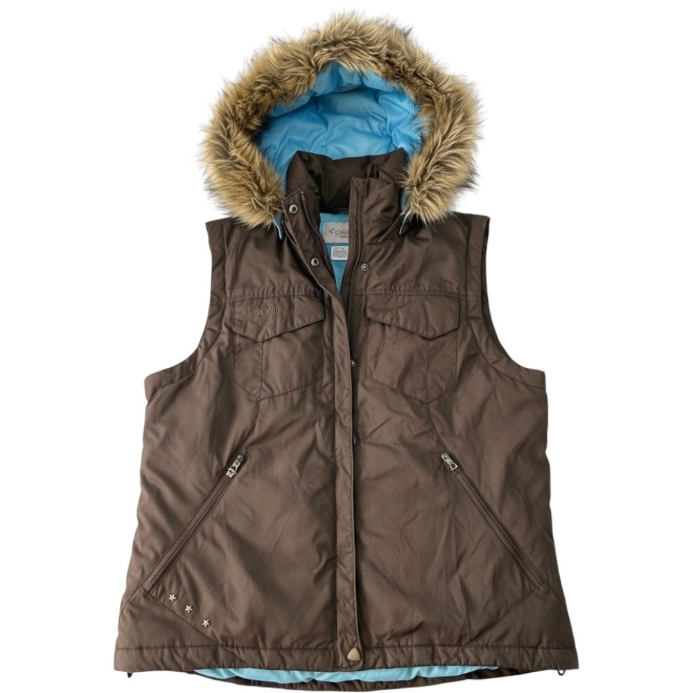 Columbia Brown Down Puffer Vest Faux Fur Removable Hood Blue Lining Large Womens